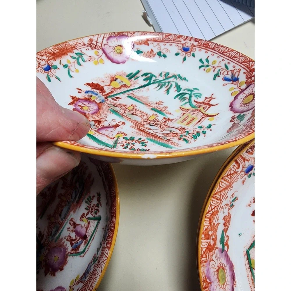 Set of 5 Chinoiserie Pagoda Bridge Small Shallow‎ Bowls Saucers Gold Rim 5.25